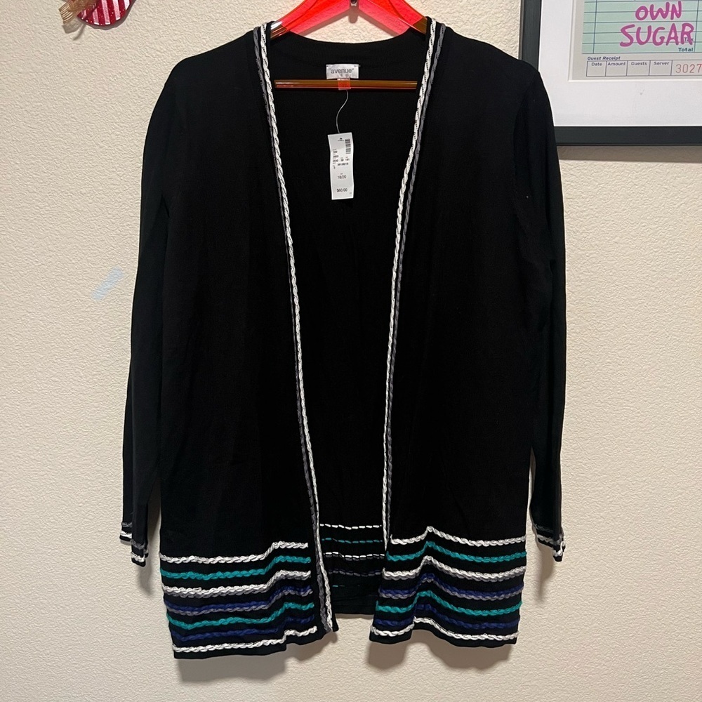 Avenue Black and Blue Cardigan Sweaters with Stripe Accents